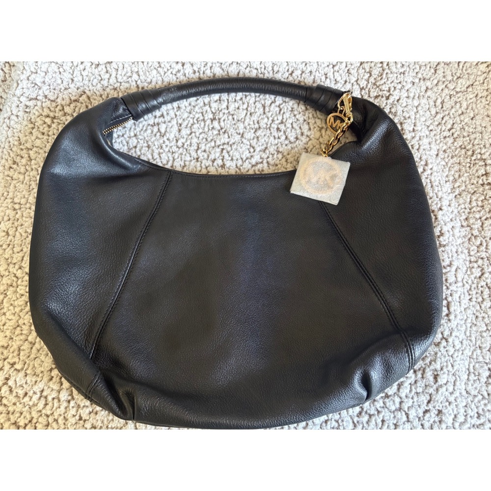 Michael Kors Black Pebbled Leather Hobo Shoulder Bag Gold Tone Hardware Charm